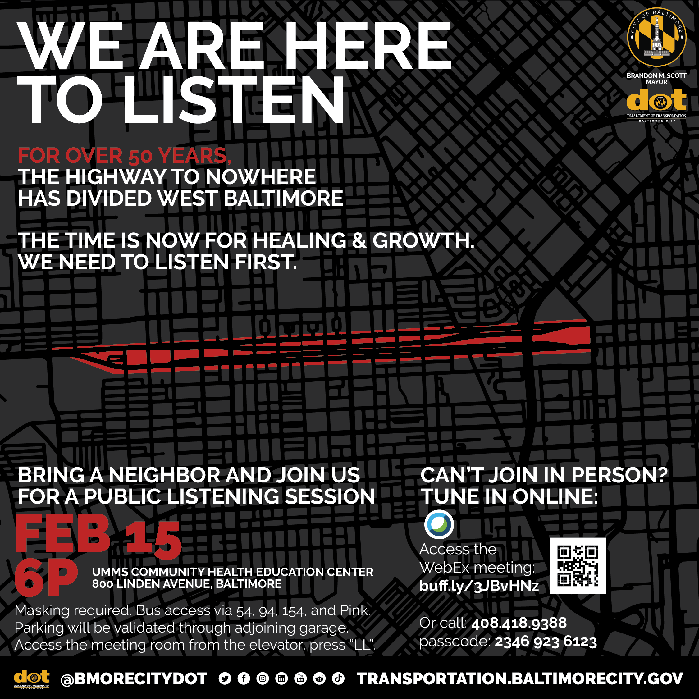 Flyer for the Highway to Nowhere Public Listening Session on February 15, 2023 at 6PM